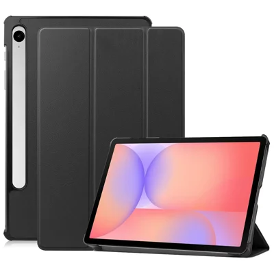 A smartphone in a rugged orange and black case