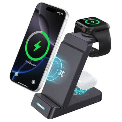 Wireless headphones and accessories on a desk